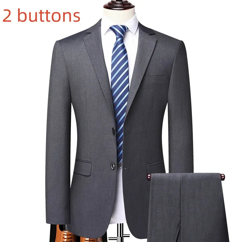 Suit (Blazer+ Pants) Fashion Men Outdoor Business Casual British Style Solid Color