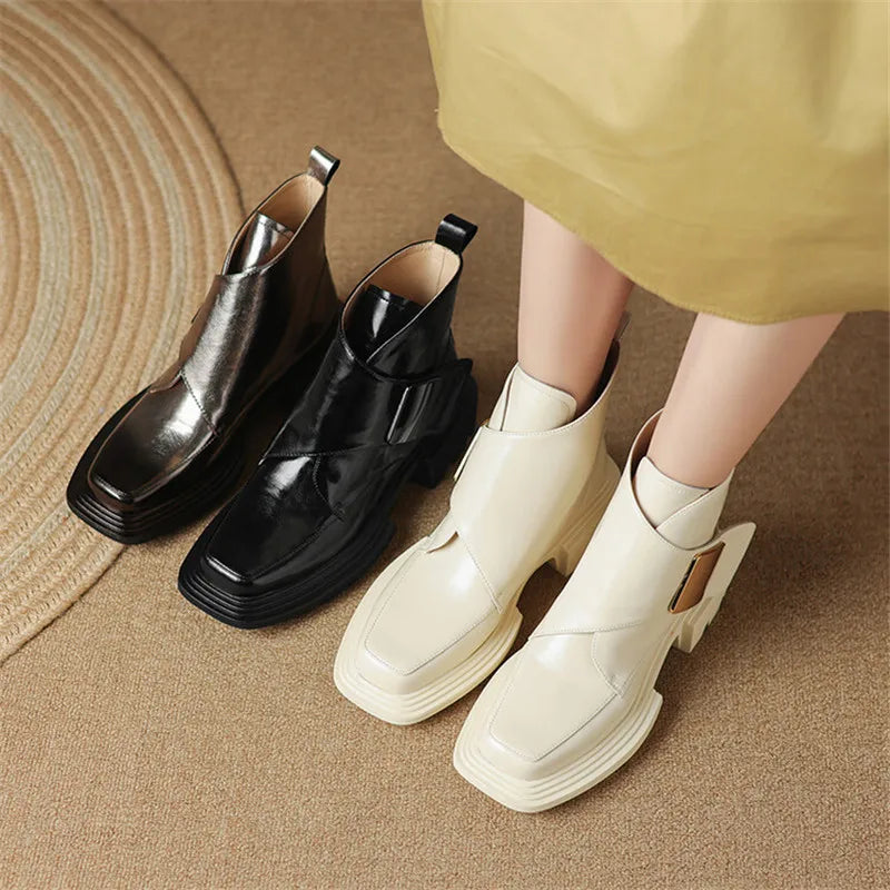 Split Leather Women Boots Square Toe Chunky Heel Platform Boots