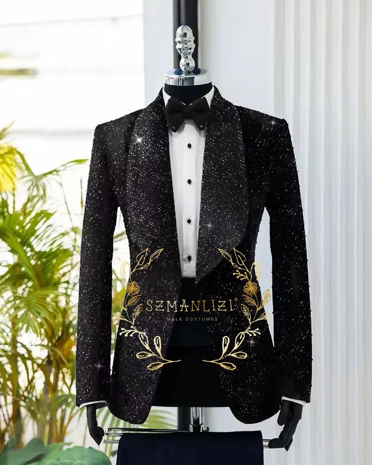 Men's Suit 2 Pieces Shiny Black Blazer Pants One Button Shawl Lapel Slim Fit Formal Groom Wear Wedding Party Costume Homme