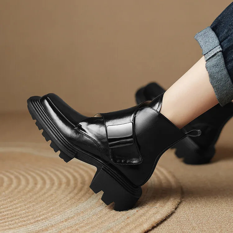 Split Leather Women Boots Square Toe Chunky Heel Platform Boots