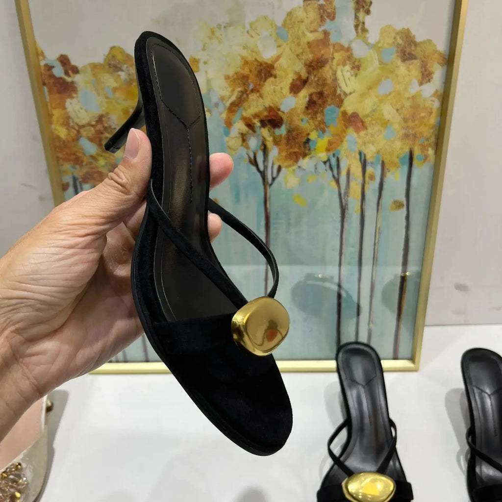 Black Metal Open Toe Thin Heels Slippers Sandals