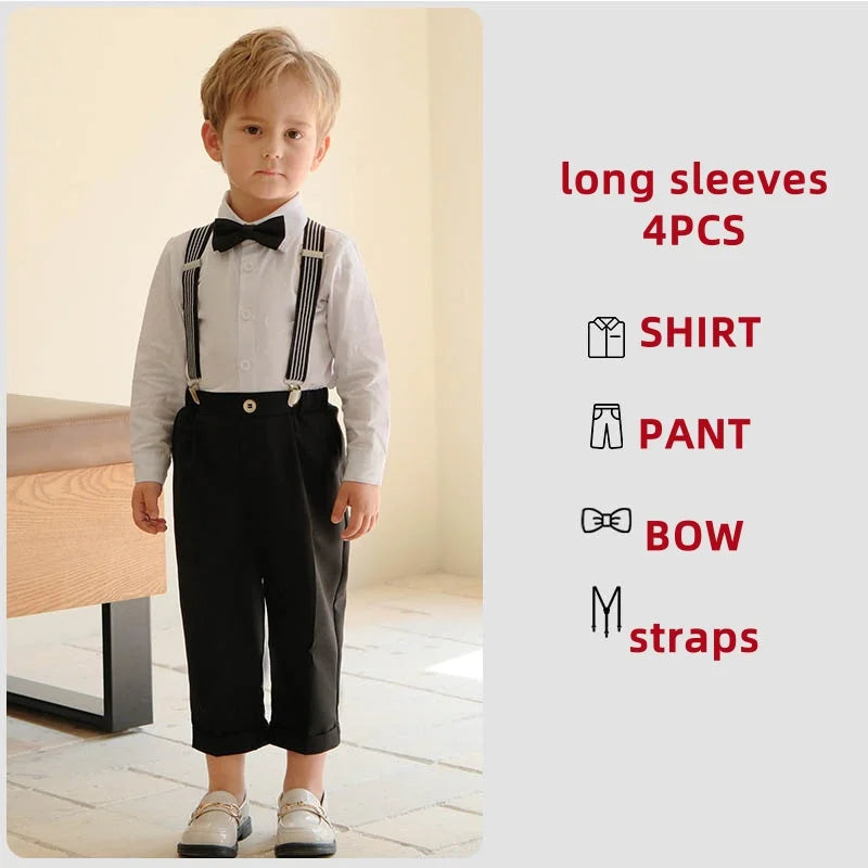 4 Pieces/set Boys Formal Elegant British Style Strap Shirts Outfits Set