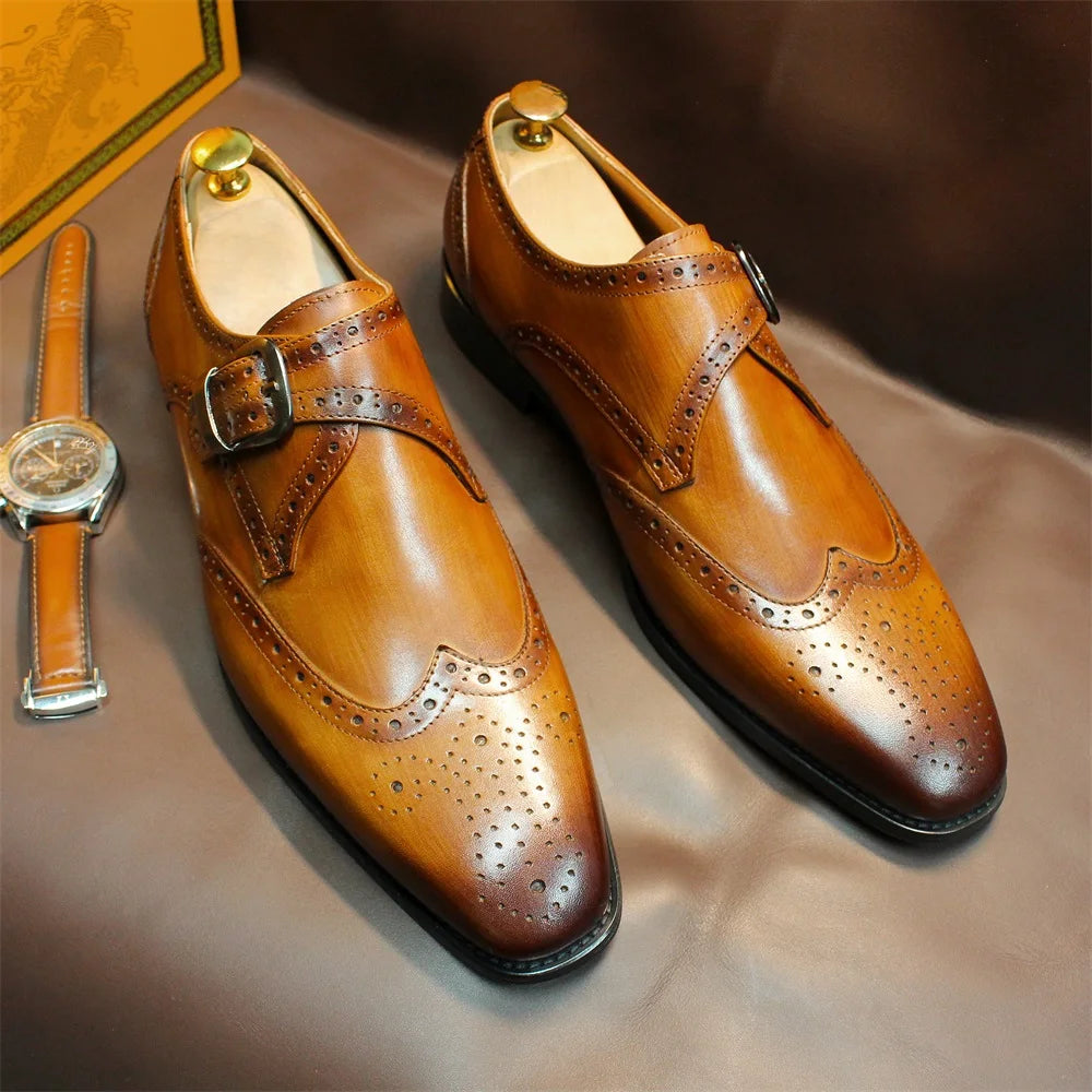 Genuine Leather Pointed Toe Buckle Loafers