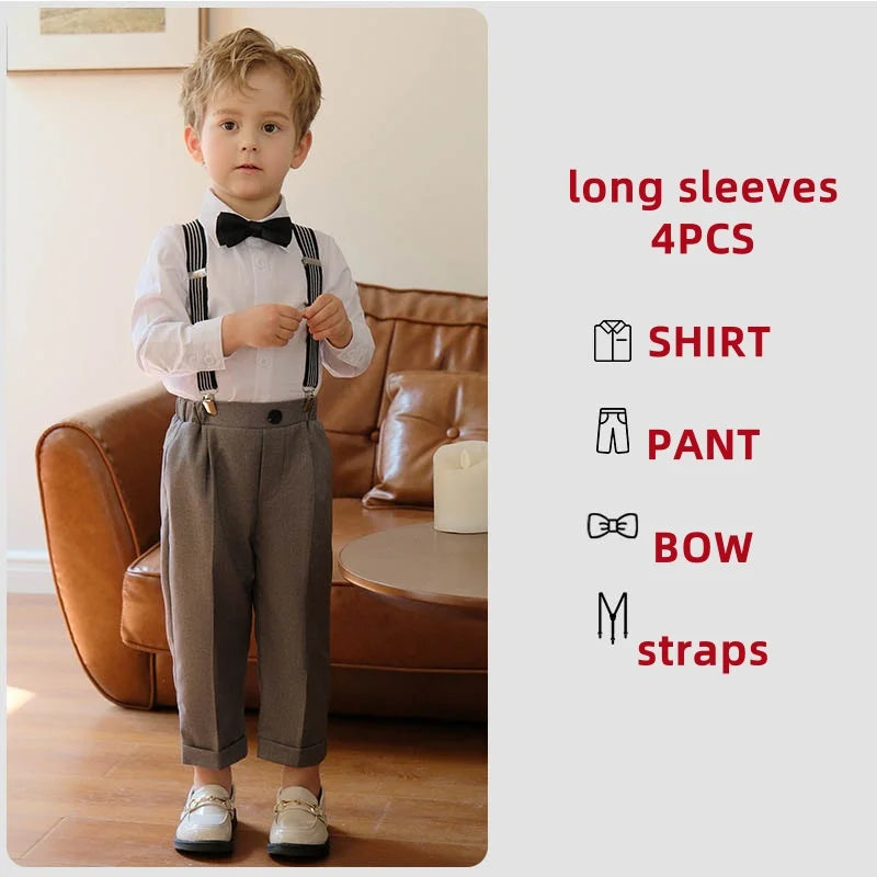 4 Pieces/set Boys Formal Elegant British Style Strap Shirts Outfits Set