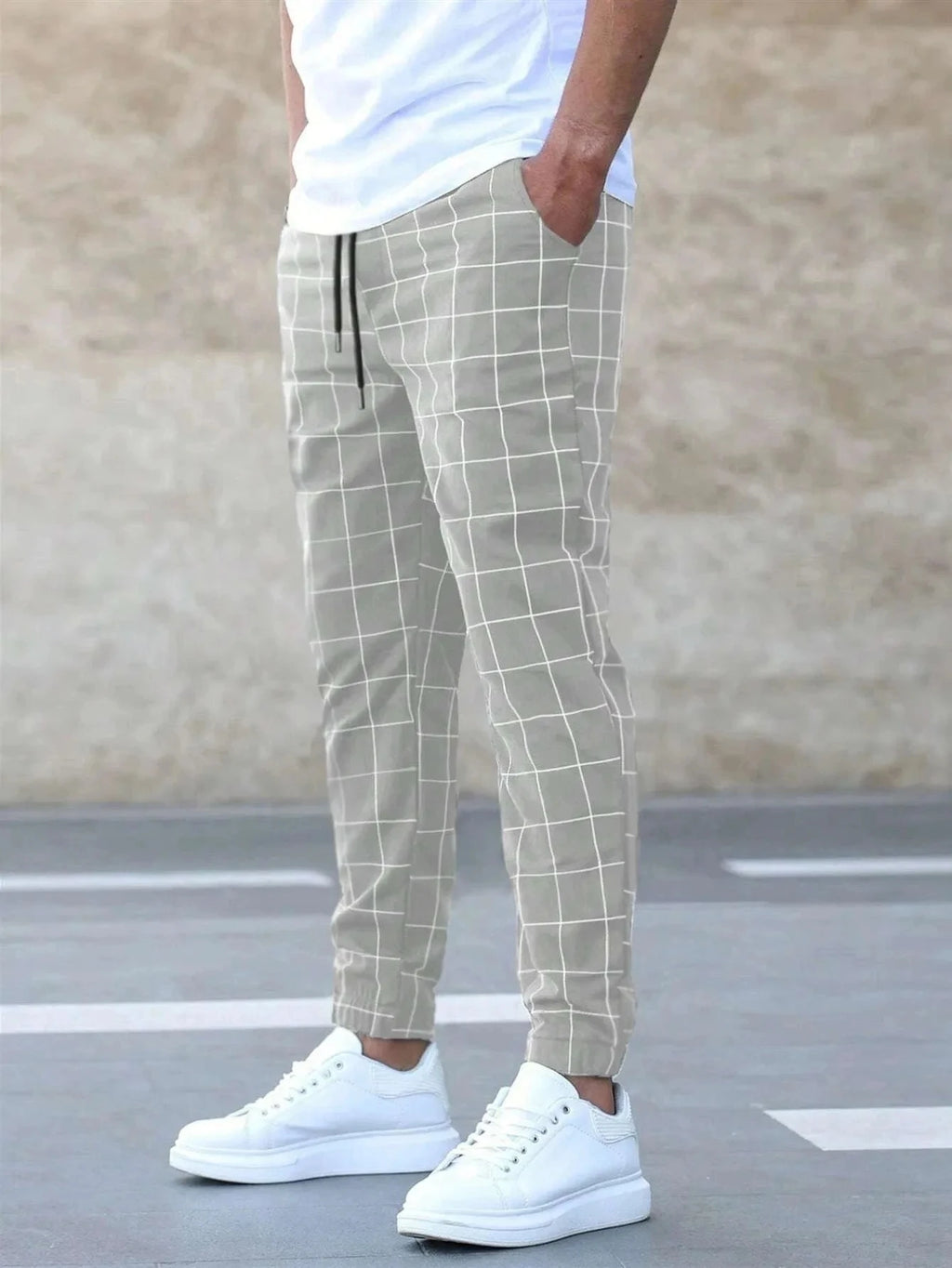 Plaid Casual Belted Cuffed Long Trousers Pants
