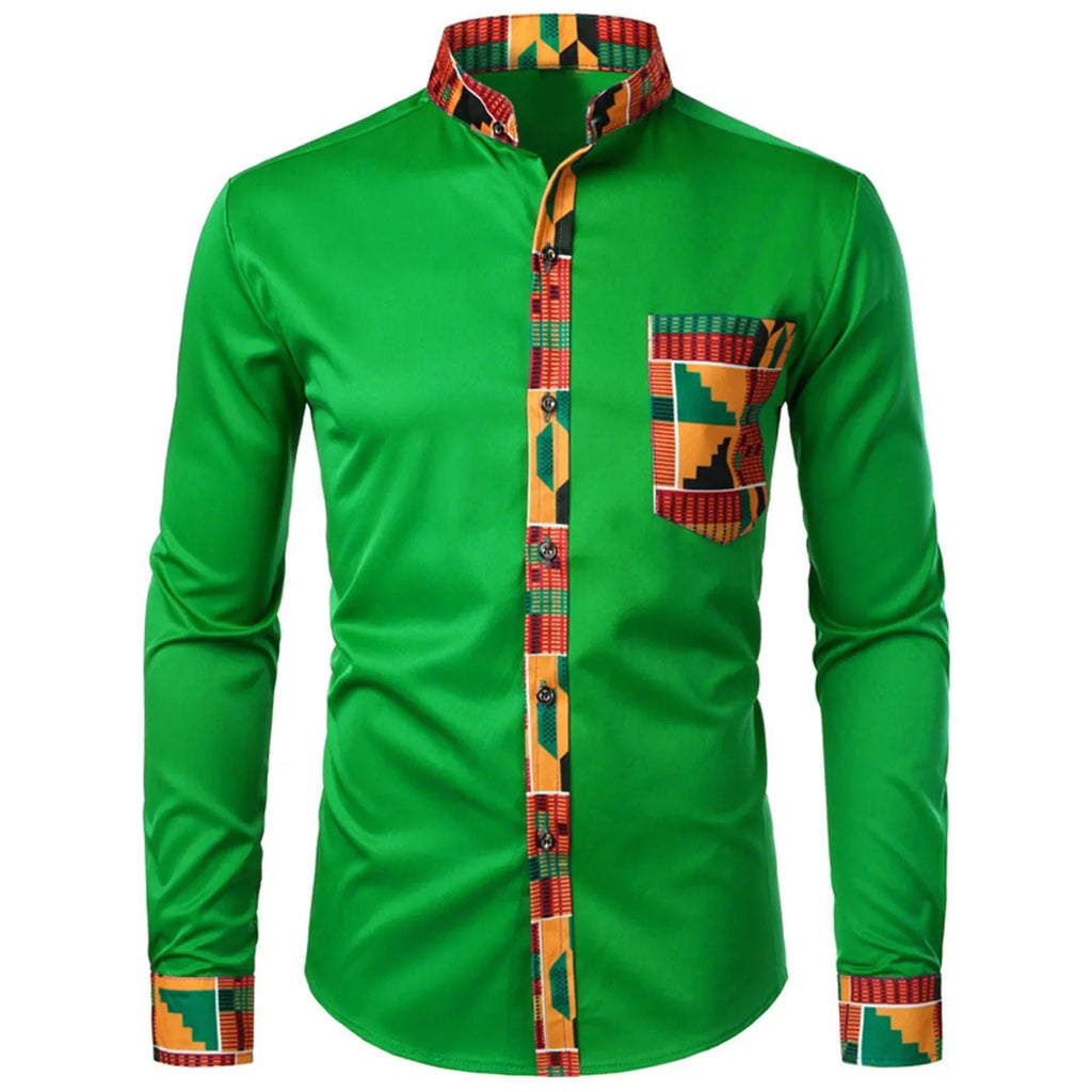 African Style Long Sleeve Printed Patchwork Design Button Up Shirt