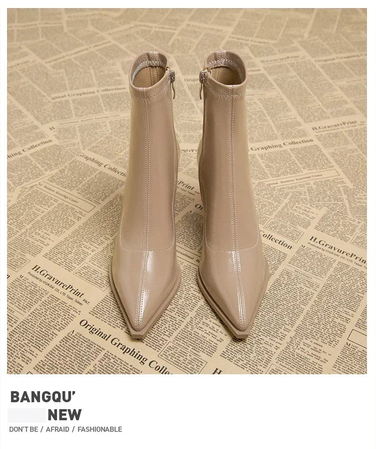 Pointed Toe Thick Heel French Ankle Boots