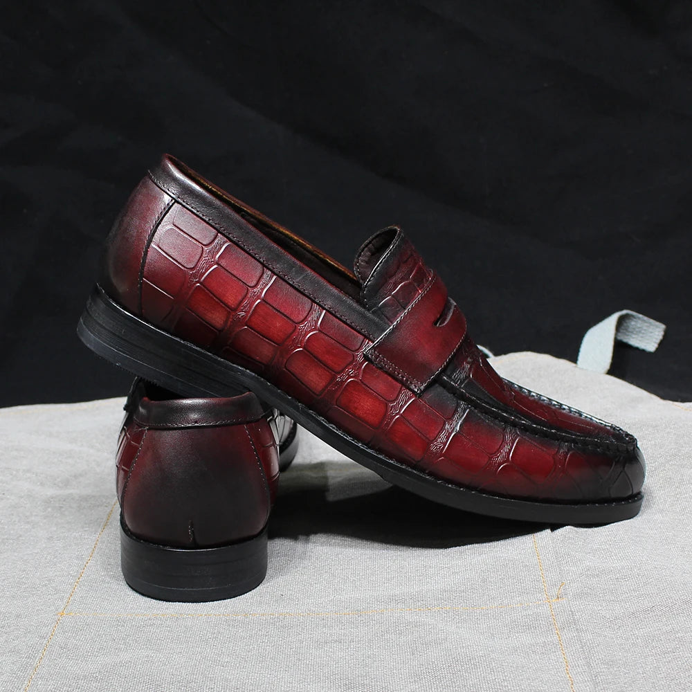 Handmade Crocodile Print Genuine Leather Slip-On Loafers