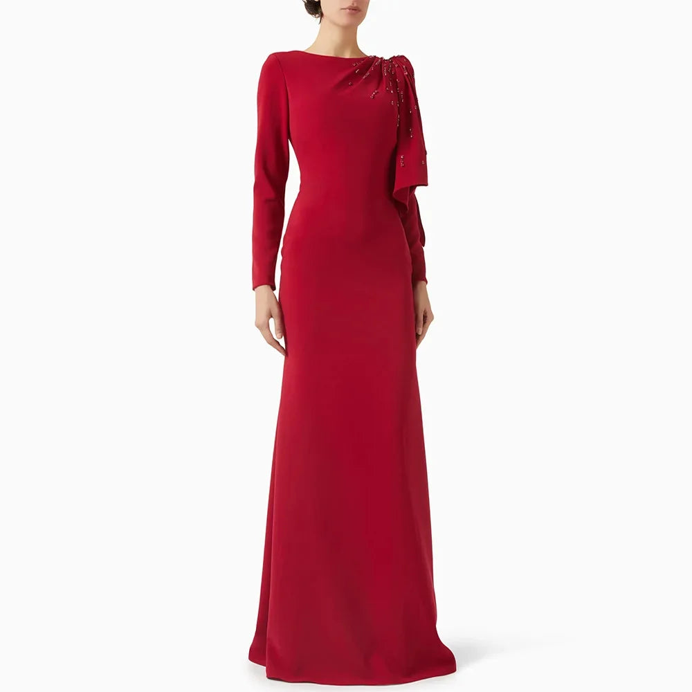 Red Modest Evening Dress Customized Round Neck Long Sleeves Beading Back Slit Mermaid Prom Gown Saudi Arabian Style Party Dresses