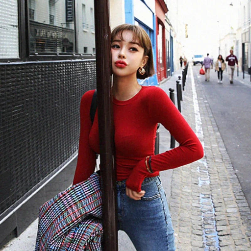 Slim Fit Plain Long Sleeve Tops Round Neck Bodysuit Regular Casual T-Shirts