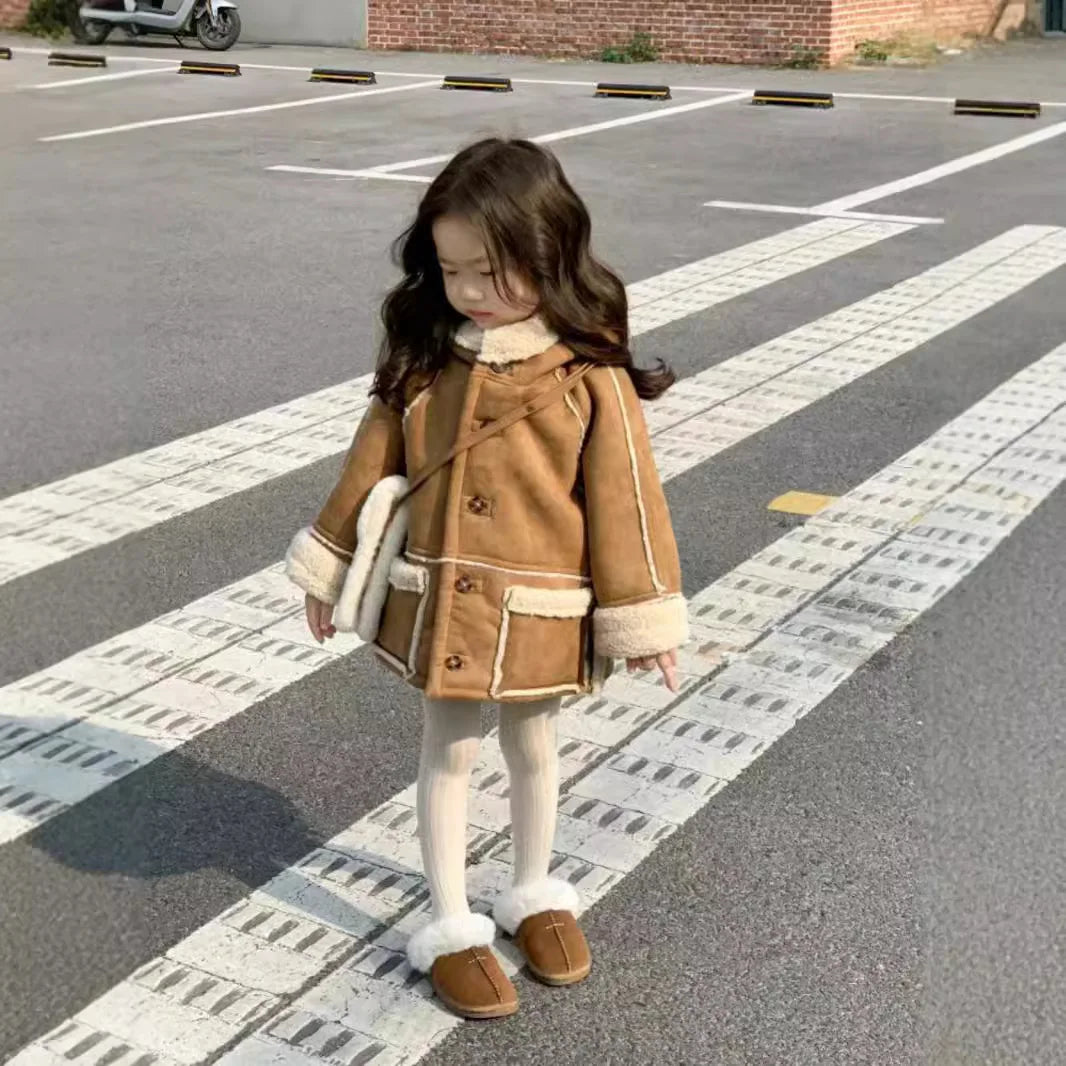Girls Coat New Korean Fashionable Suede Hooded Coat Warm and Fashionable