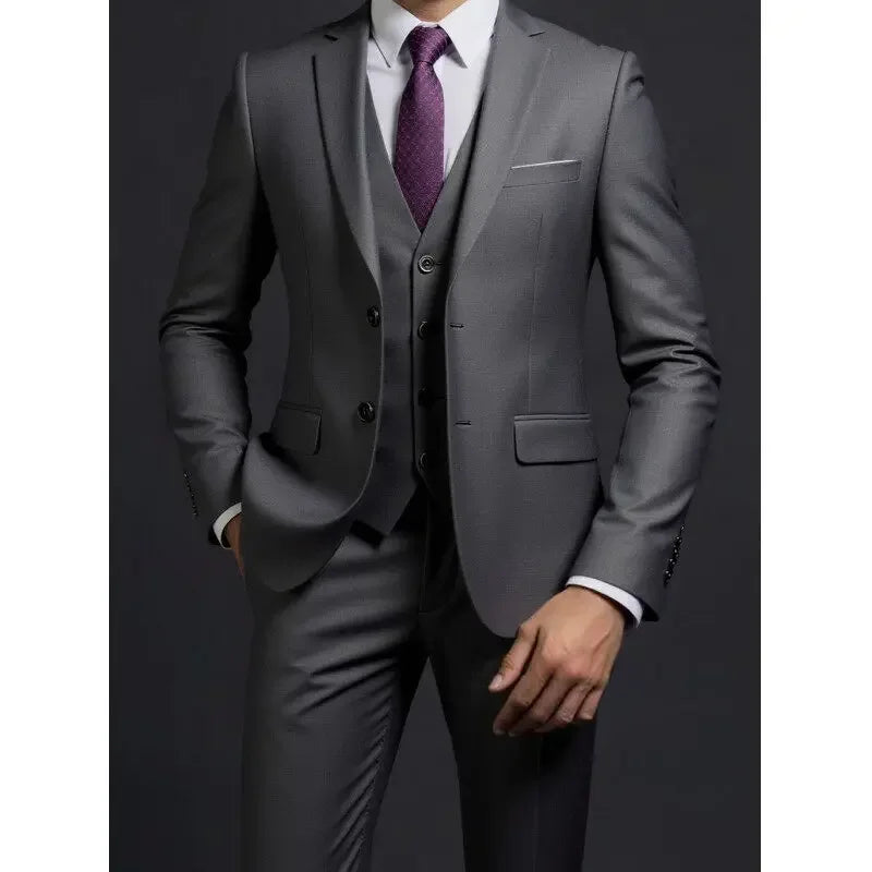 3 Piece Suit (Blazer+ Vest + Trousers) Men's Fashionable Gentleman Business British Style Solid-color Banquet Host Casual Wedding Suit