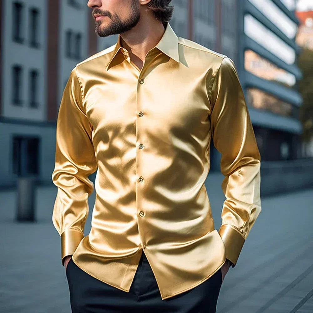 Elegant Slim Fit Long Sleeve Satin Silk Dress Shirt