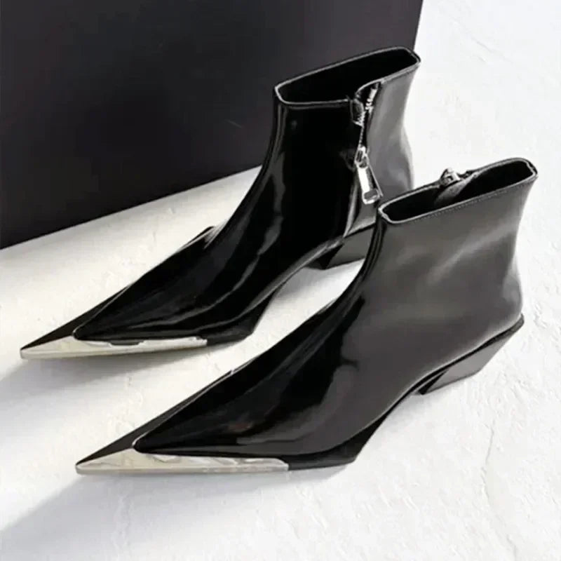 Metal Chunky Heel Pointed Toe Chelsea Boots
