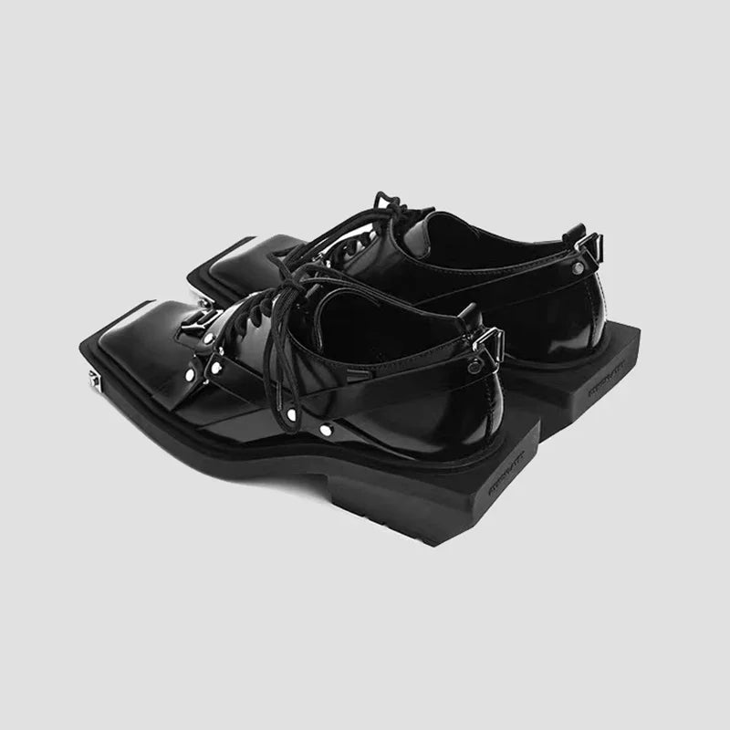 Metal Head Decorate Leather Thick-soled Non-slip Square Head Wedge Shoes