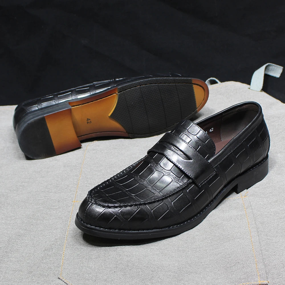 Handmade Crocodile Print Genuine Leather Slip-On Loafers