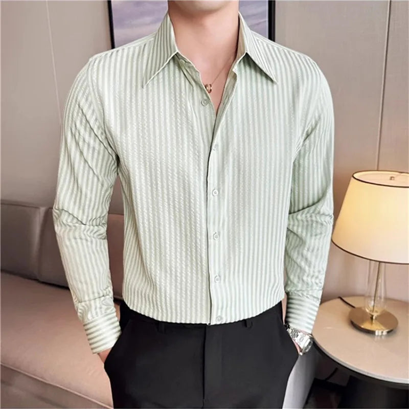 Long Sleeve Striped Smart Casual Turn Down Collar Slim Fit Shirts