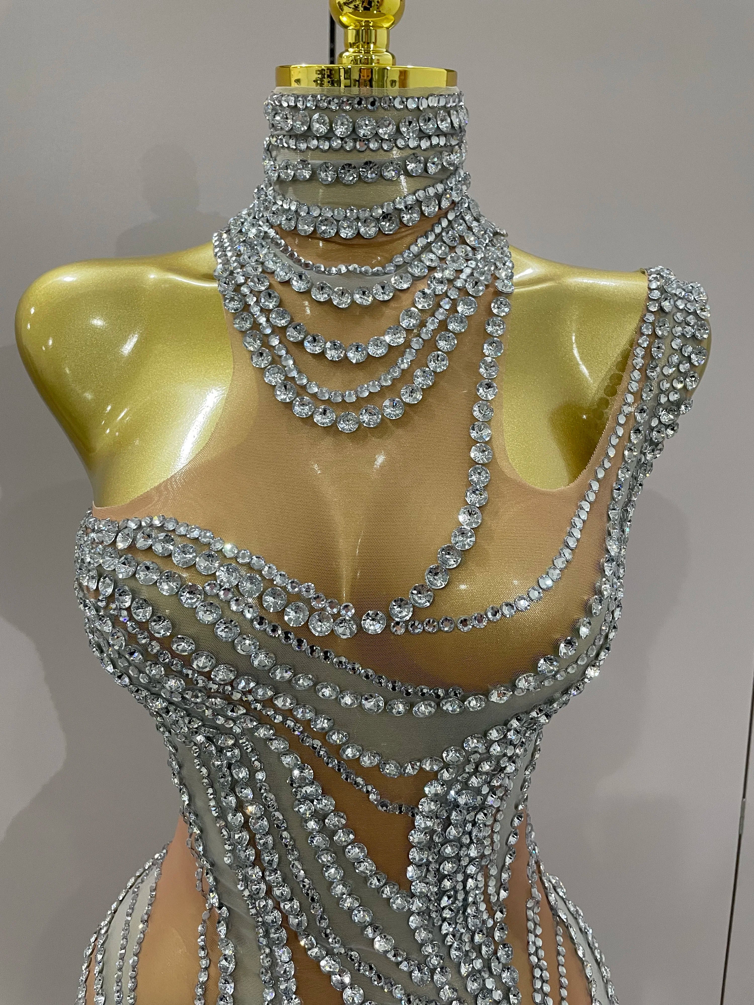 Luxury Sparkly Crystals See Through Mini Dress