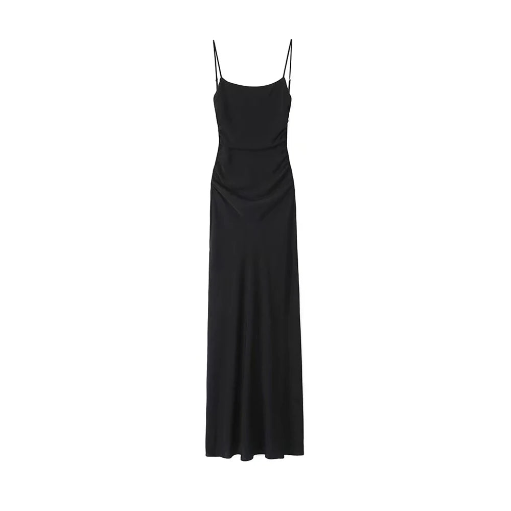 Draped Midi Dress for , Straight Neck, Thin Straps, Backless Female Dresses, Chic Fashion