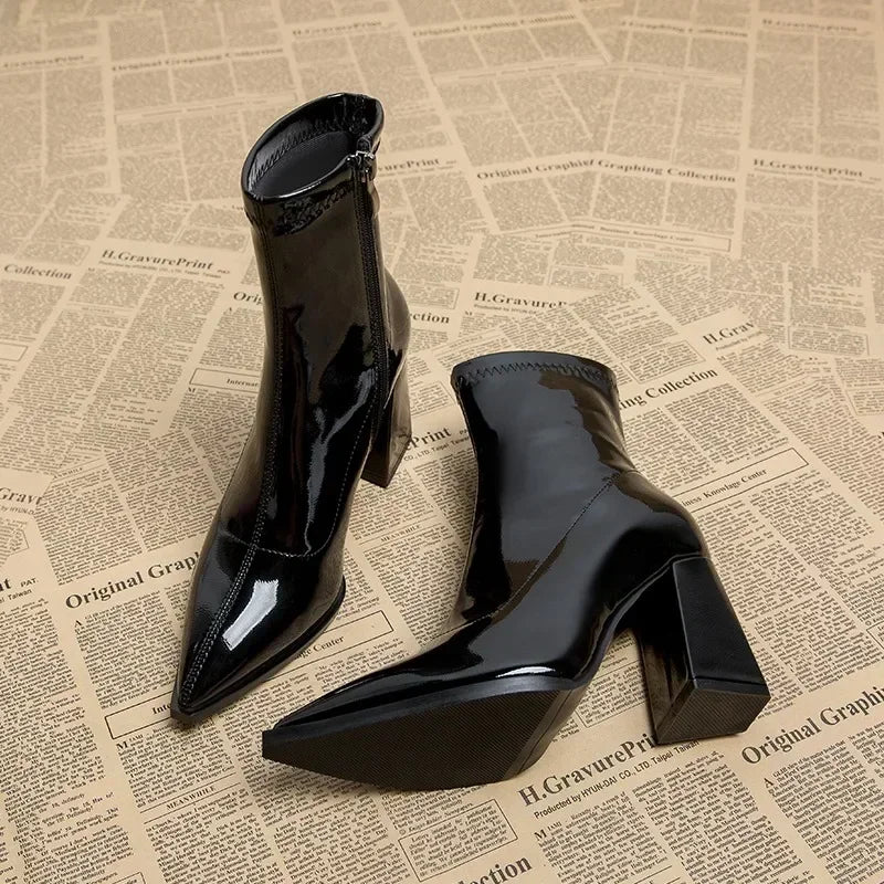 Pointed Toe Thick Heel French Ankle Boots