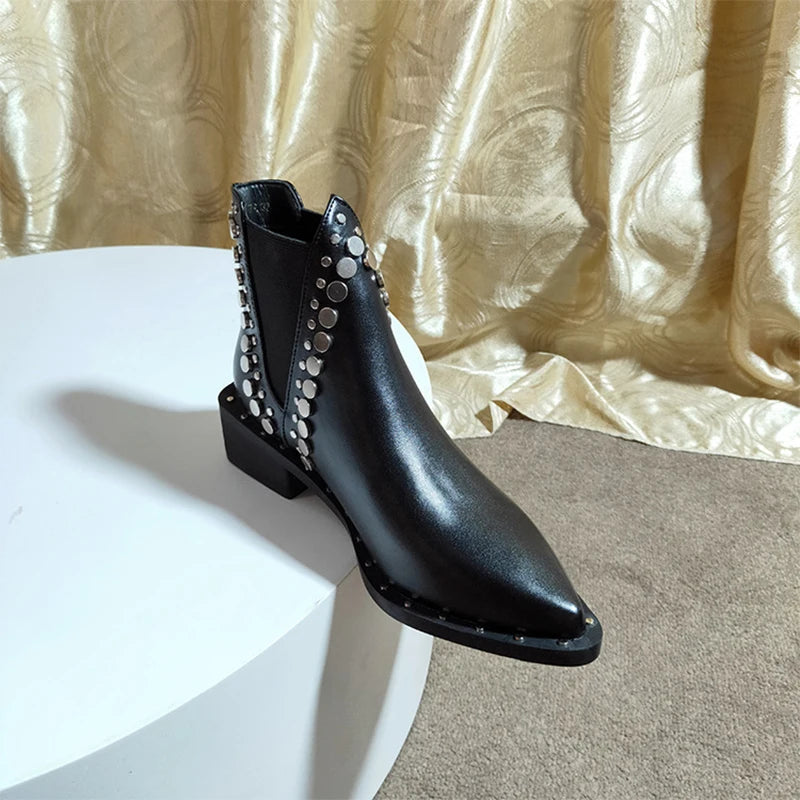 British Style Thick Heel Leather Chelsea Short Boots
