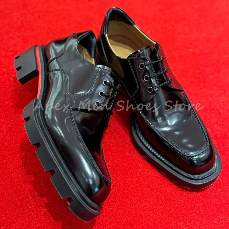 Black Glossy Chunky Sole Lace Up Cow Leather Oxford Shoes