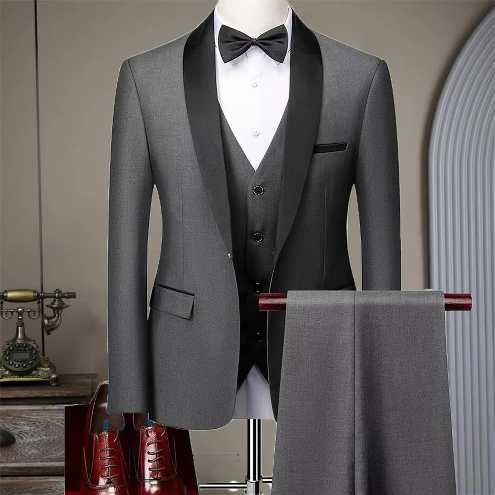 Suit (Blazer+ Vest + Pants) Gentleman Fashion Slim Work Solid Color