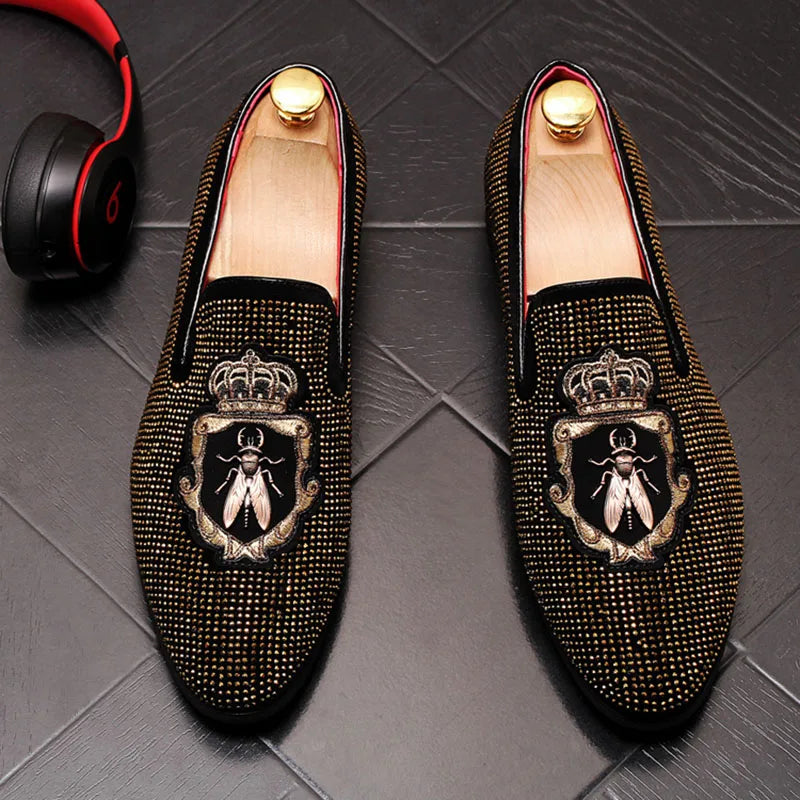 Pointed Rivet Embroidery Rhinestone Casual Loafers