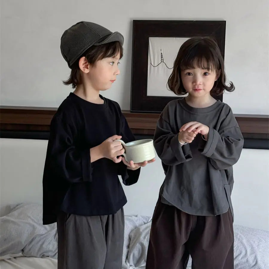 Girls Boys Casual Simple Long Sleeve Round Neck T-shirts