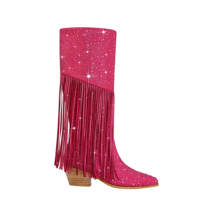 Chelsea Knee Length Rhinestone Zipper Pointed Tassels Boots