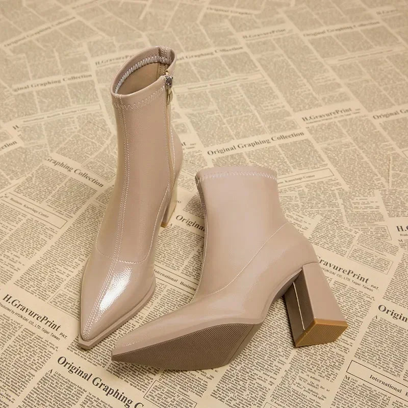 Pointed Toe Thick Heel French Ankle Boots