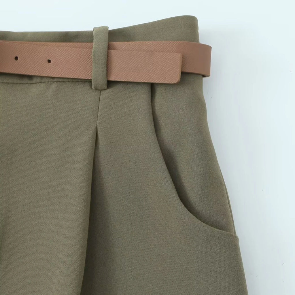 Women's Belted Pleated High Waist Trousers