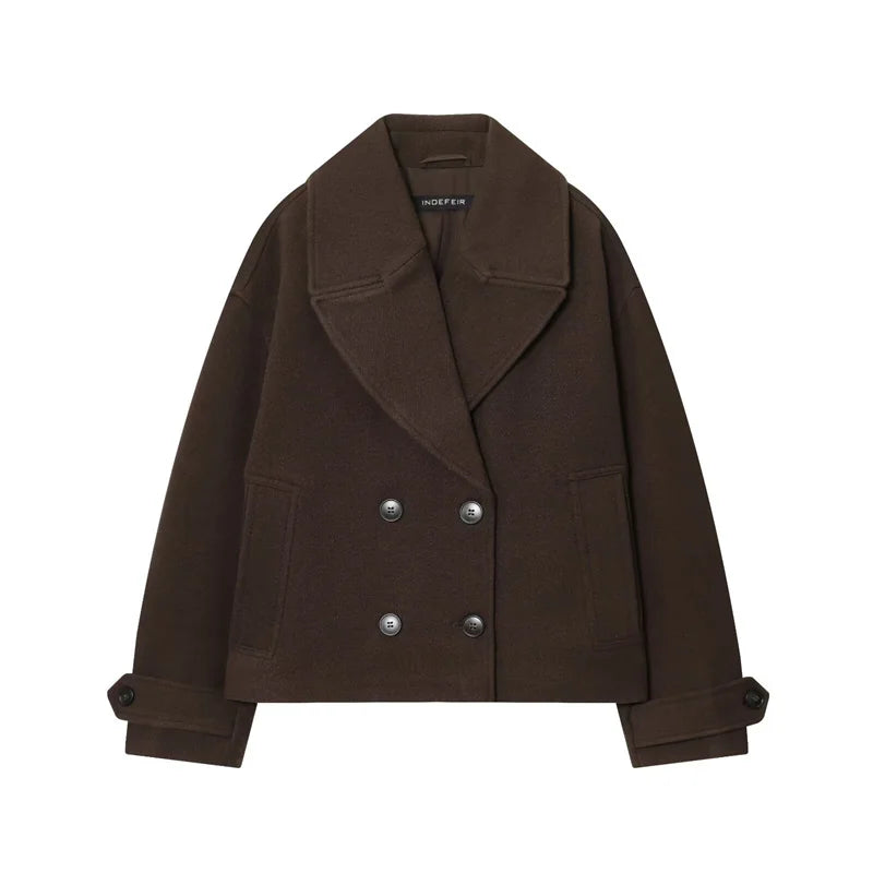 Deep Brown Long Sleeve Double-breasted simple Short Coat