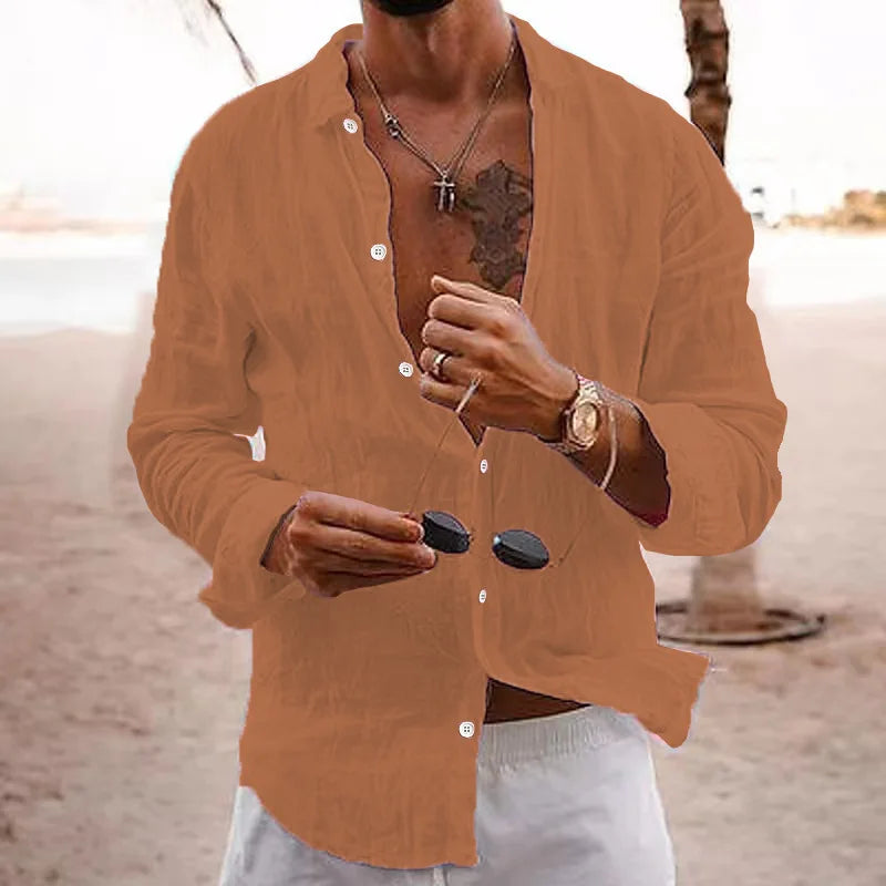 Men's shirt, solid color, loose-fitting, single-breasted, turn-down collar, cotton-linen long-sleeved top