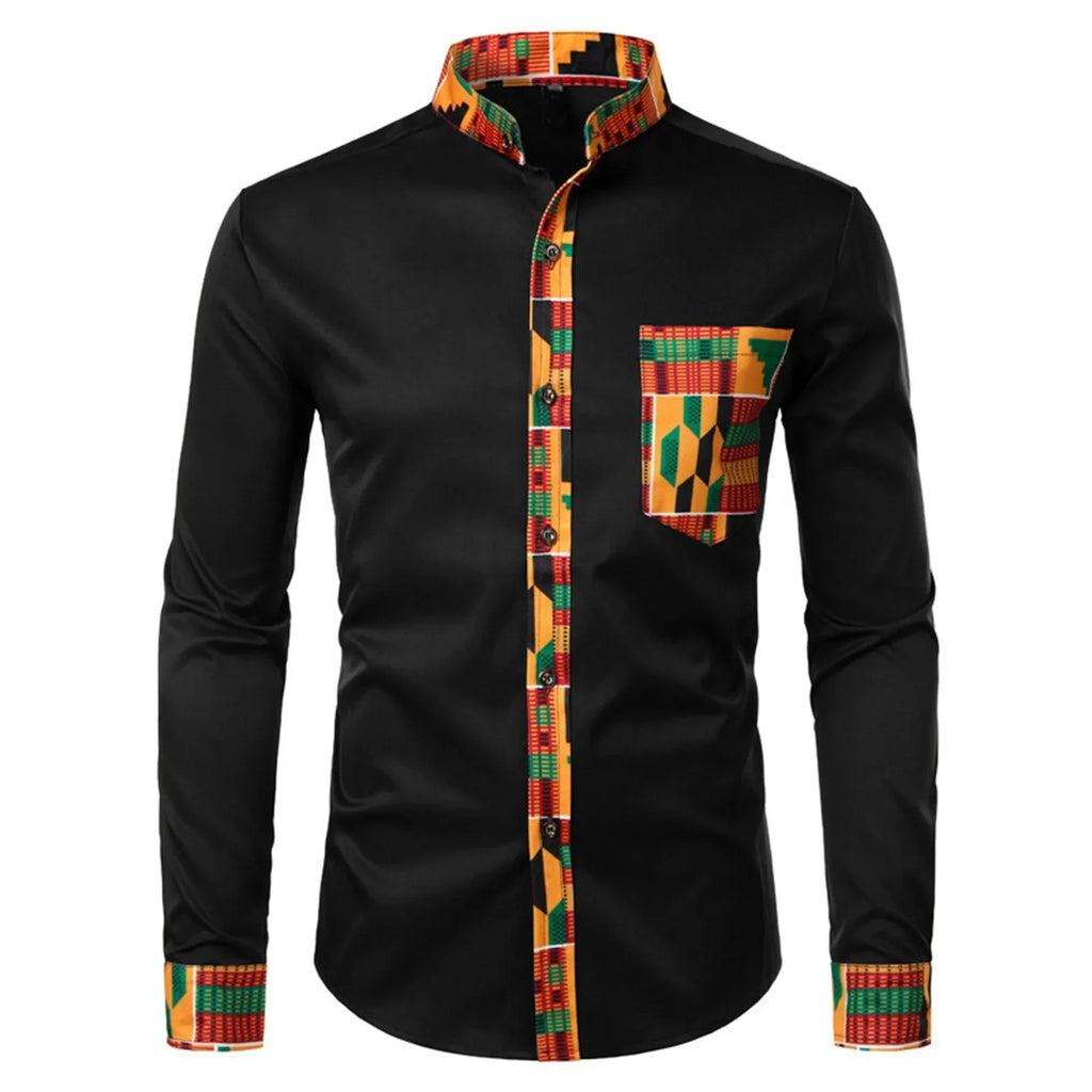 African Style Long Sleeve Printed Patchwork Design Button Up Shirt