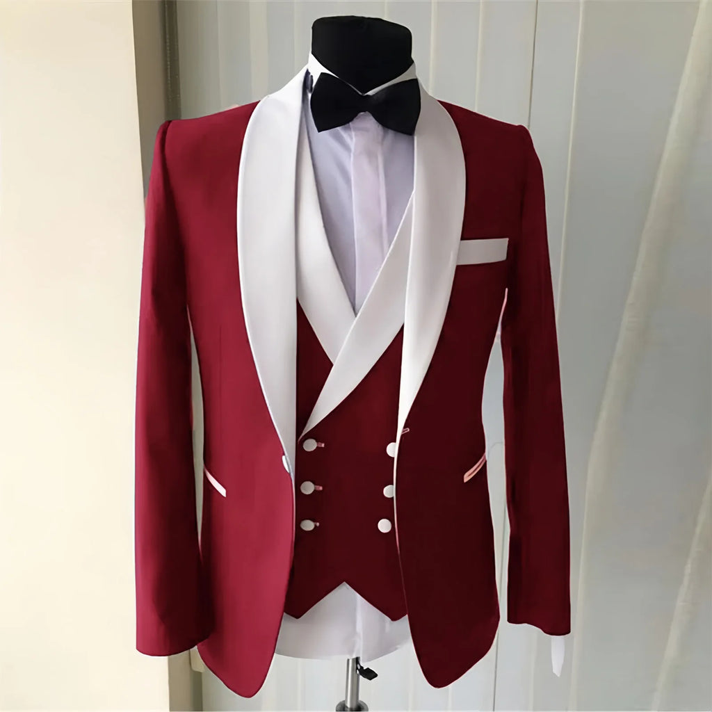 Wedding Suit for Men Slim Fit Shawl Lapel Solid Tuxedo Blazers and Pant and Double Breasted Vest Costumes Pour Hommes 3 Pièces