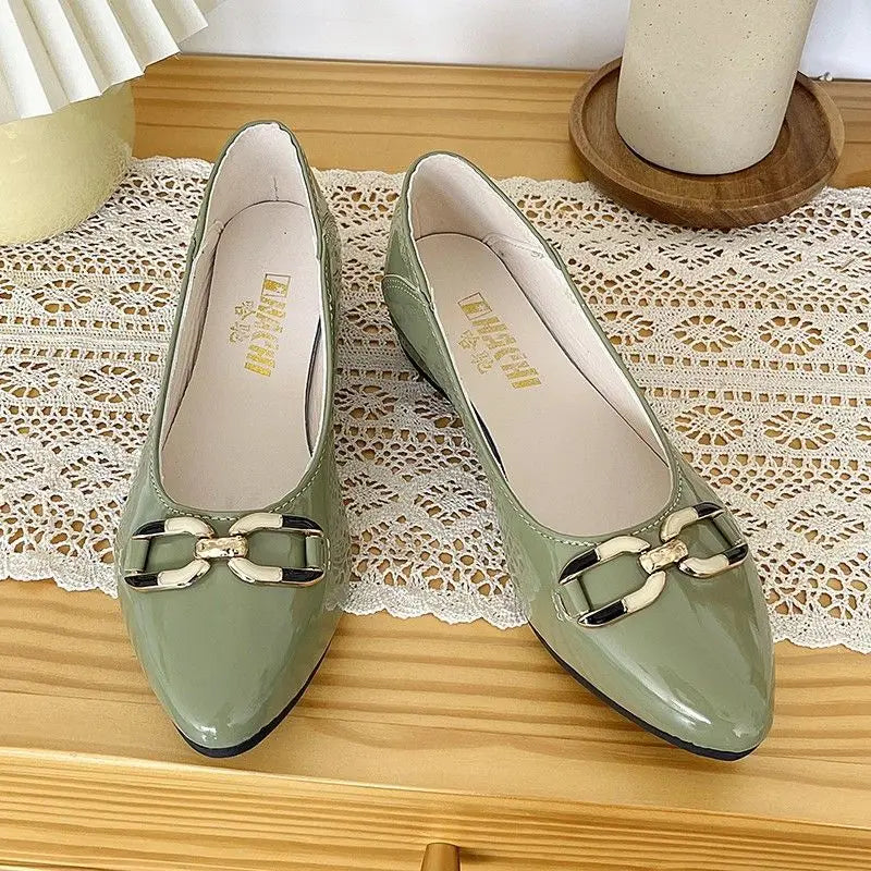 Pointed Toe Patent Leather Low Heel Single Slip on Classic Shoes