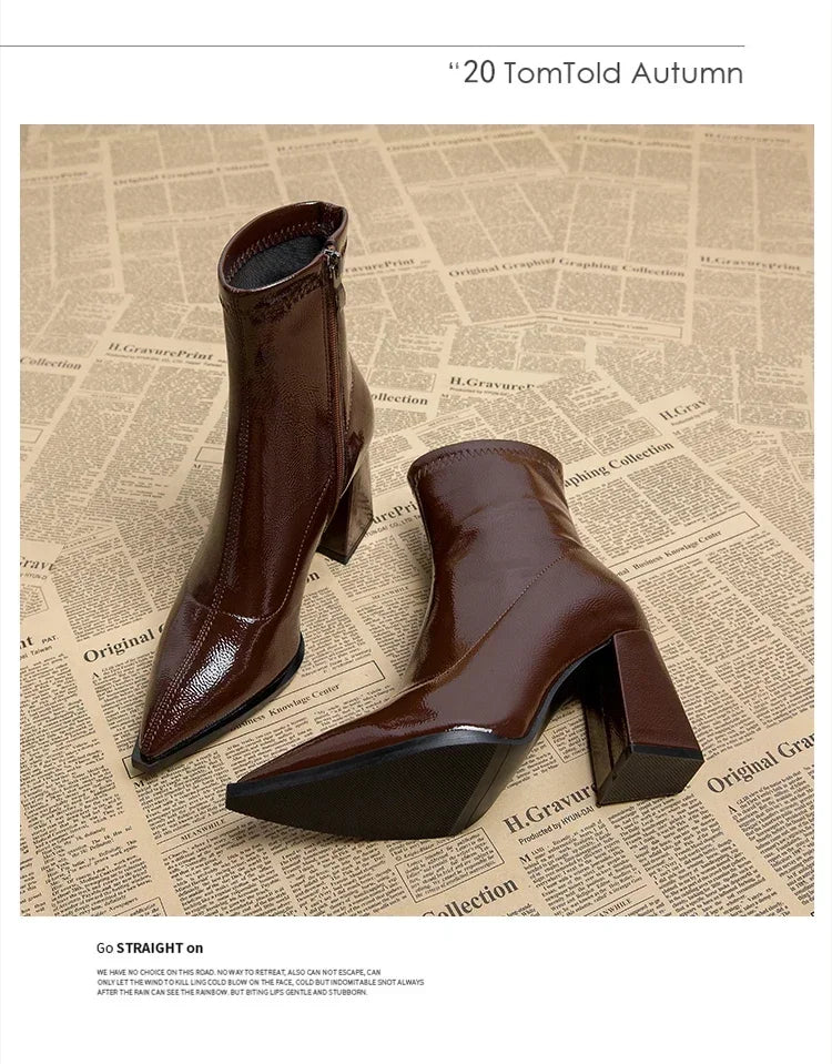 Pointed Toe Thick Heel French Ankle Boots