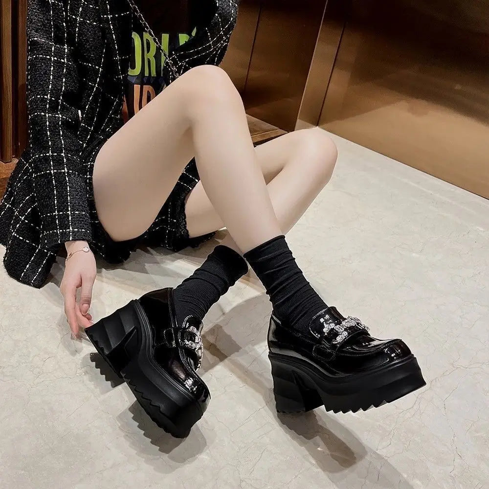 British Style Chunky Thick High Heel Satile Small Leather Shoes