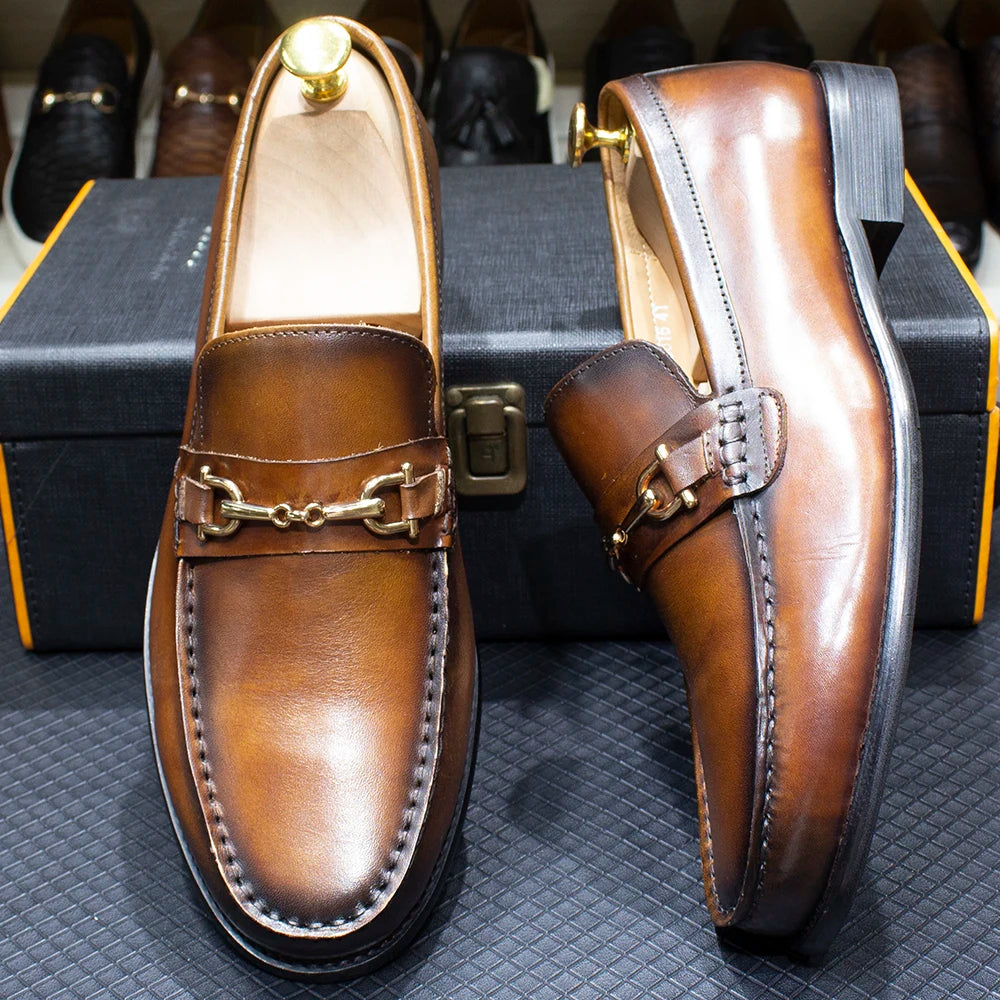 Handmade Genuine Leather Metal Chain Loafers