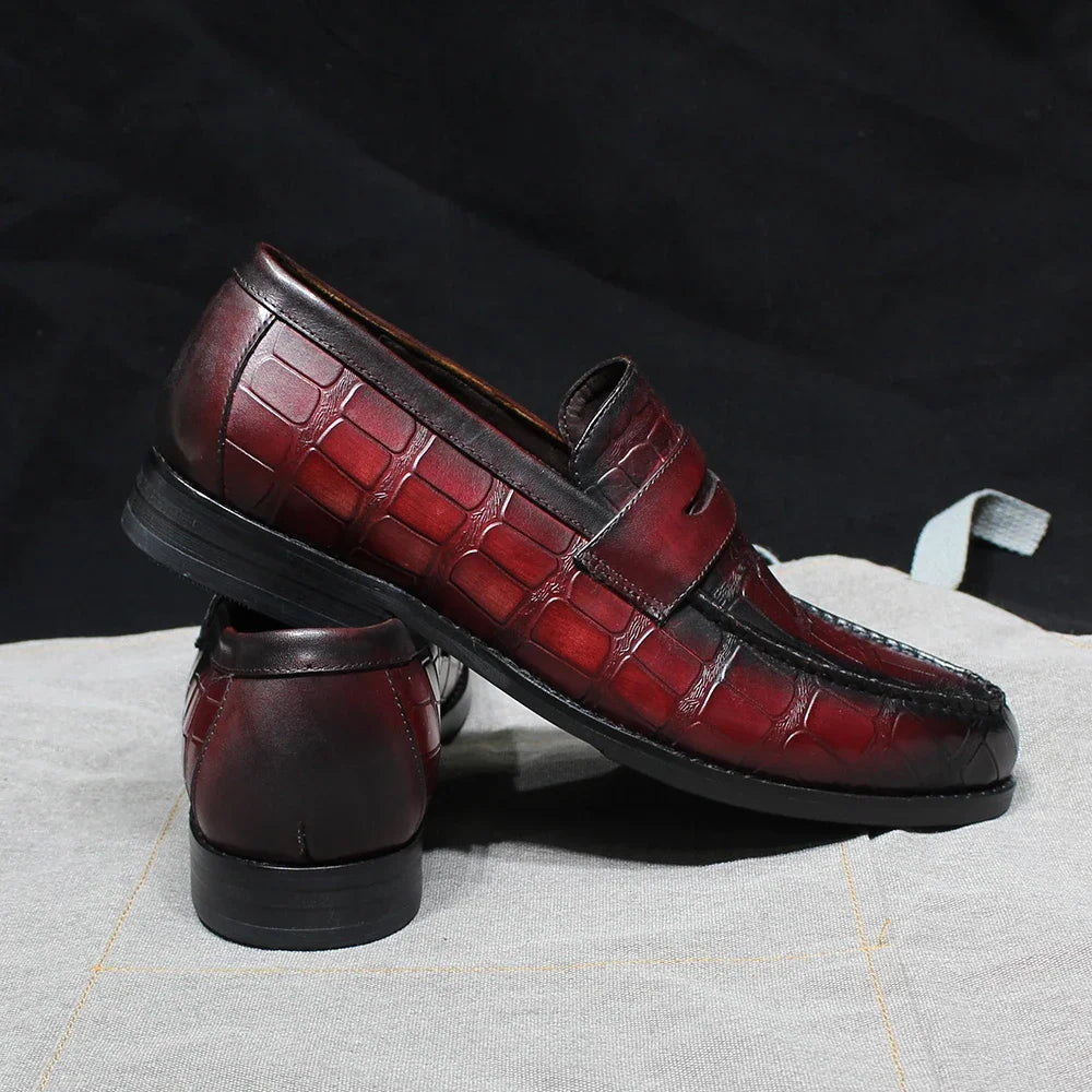 Handmade Crocodile Print Genuine Leather Slip-On Loafers