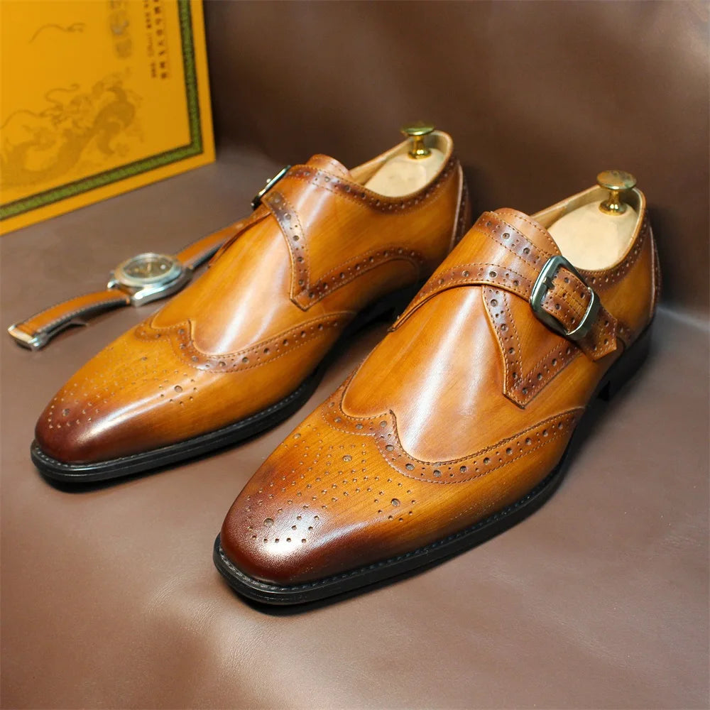 Genuine Leather Pointed Toe Buckle Loafers