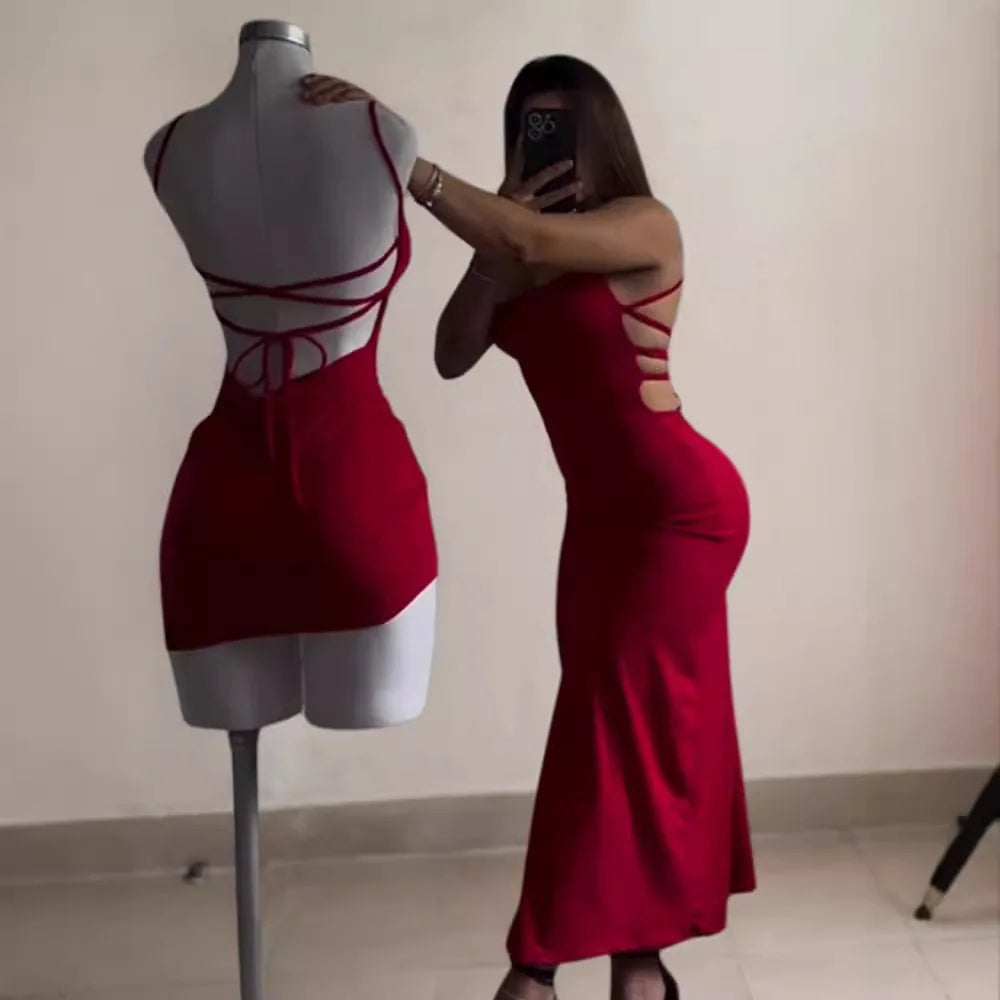 Elegant Sexy Bodycon Sleeveless Halter Back Tie Backless Split Dress