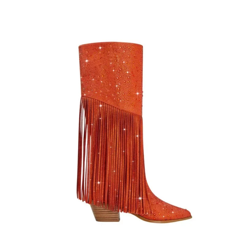 Chelsea Knee Length Rhinestone Zipper Pointed Tassels Boots