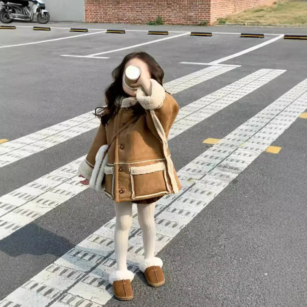 Girls Coat New Korean Fashionable Suede Hooded Coat Warm and Fashionable