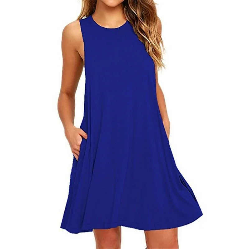 Casual Beach Cover up Plain Pleated Tank Pockets Dress