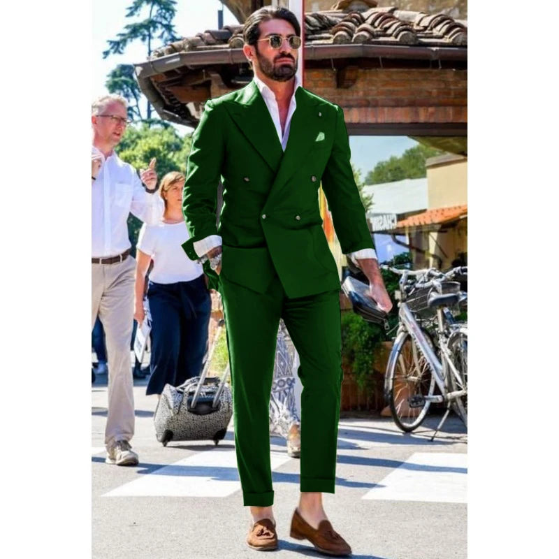 Two-piece Slim Fit Solid Color Double Breasted Spike Lapel