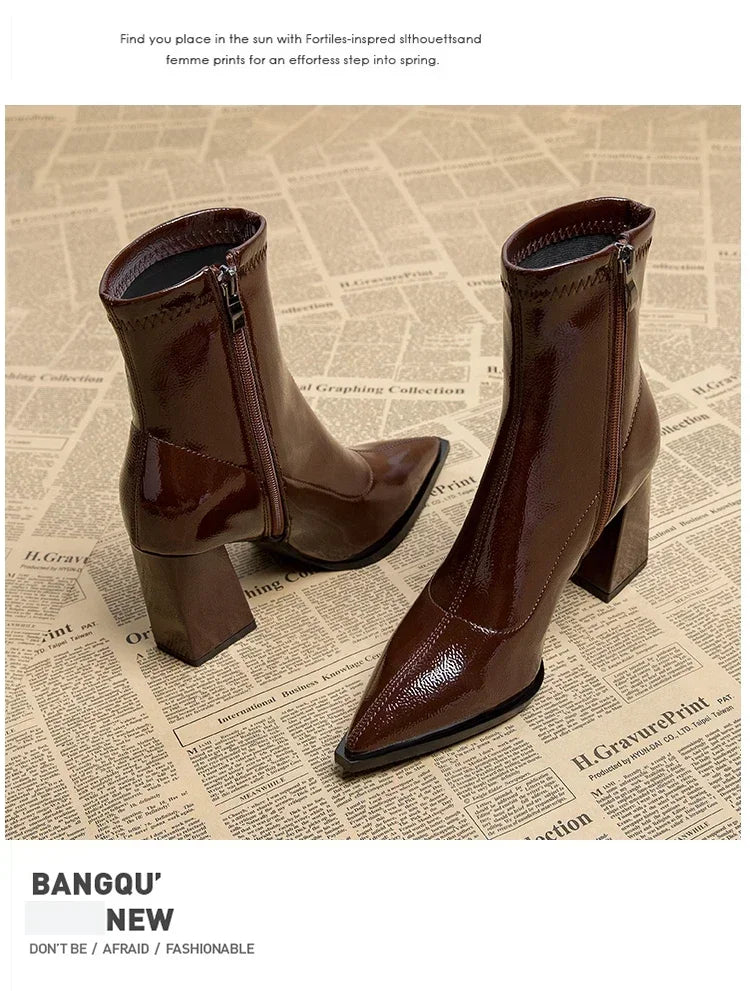 Pointed Toe Thick Heel French Ankle Boots