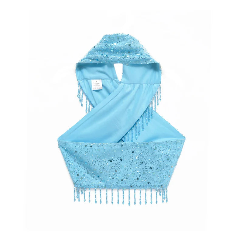 Women's Blue Halterneck Collar Pearl Fringe Sequin Top Skirt Suit Sexy Fashion Personality