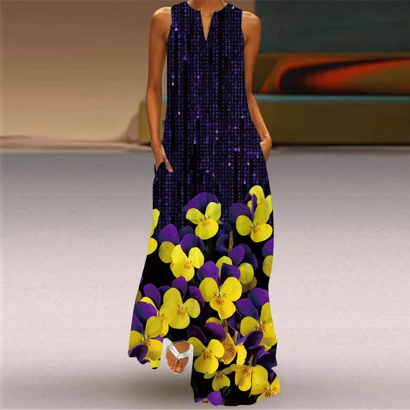 Elegant Sleeveless V-Neck Long Casual Dress